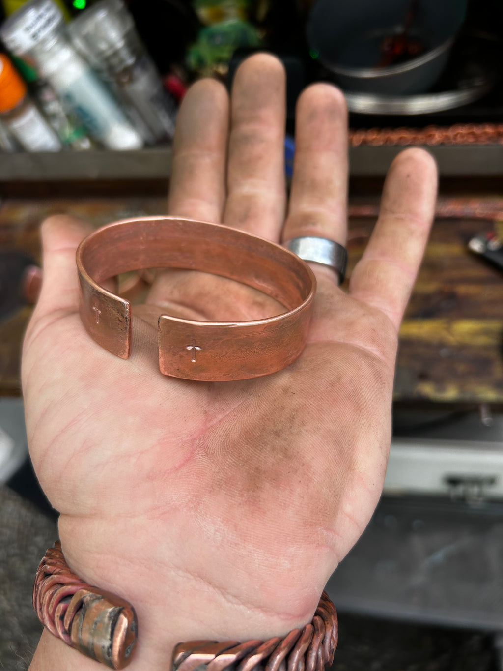 Hand Made Copper Pipe Cuff with Cross